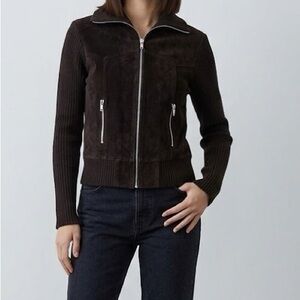 BDG Brown Suede Leather Knit Zip Jacket Large